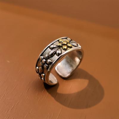 Retro Flowers Adjustable Open Ring for Men Silver-plated Copper Gothic Punk Edgy Indie Jewelry Niche Accessories Unisex Gift