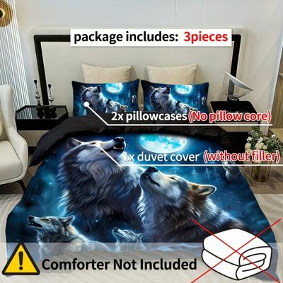 3-teiliges Wolf Heult Mond Bettwäsche-Set Weicher Stoff 100% Polyester 1 Bettbezug 2 Kissenbezüge Ohne Kissenkern