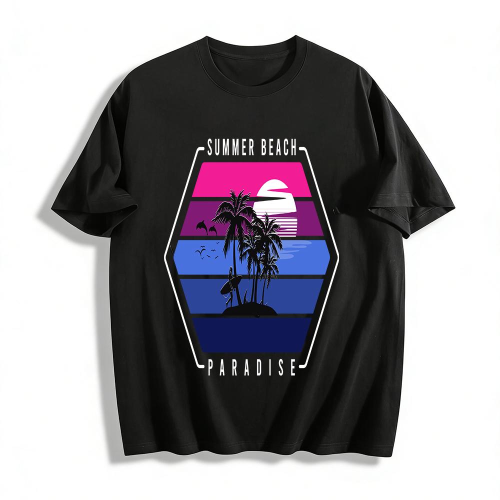 Tropical Island Surfing Sunset Print Casual Short Sleeve T-Shirt Pure cotton T-shirt XXS
