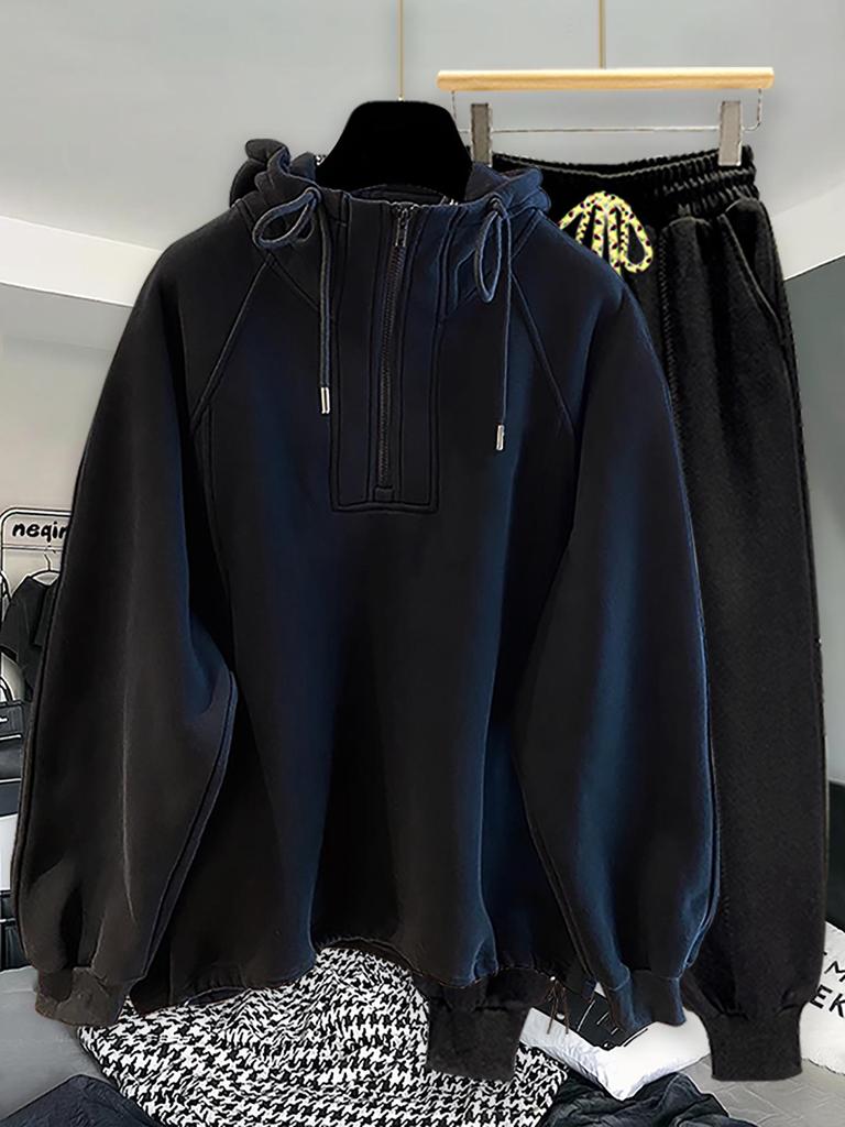 High-Quality Oversized Half-Zip Hoodie - Solid Color, Breathable Patchwork Design for Spring & Autumn