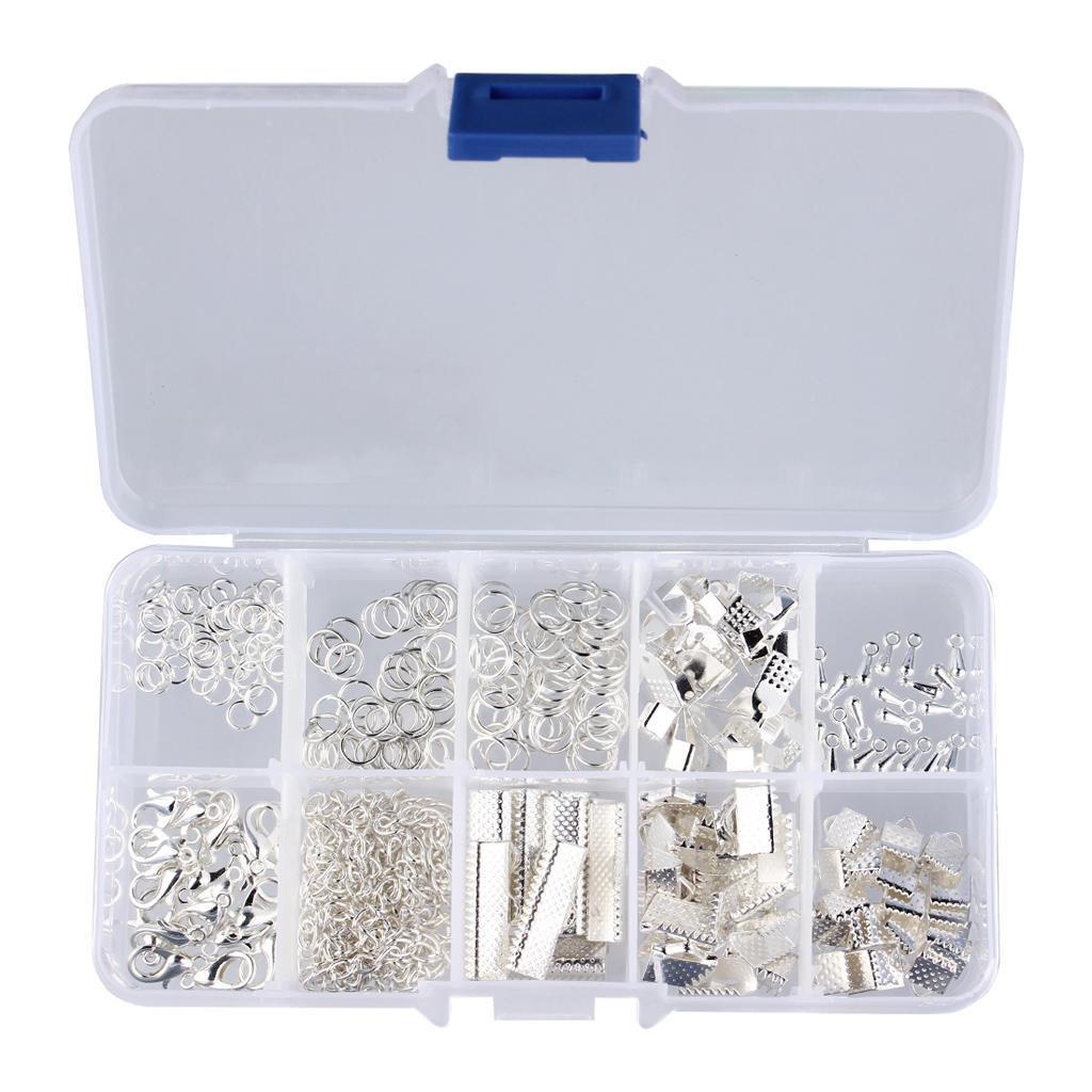 Cord Ends Lobster Claw Clasps Jump Rings Extension Chains Jewelry Findings Kit - Silver, 5MM