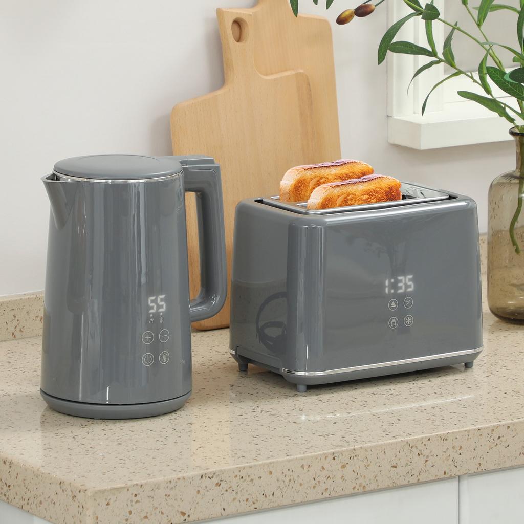 Digital Stainless Steel Kettle and Toaster Set, 1.5L 3000W Fast Boil Kettle, 2 Slice Toaster with 7 Level Browning Controls, Defrost, Reheat