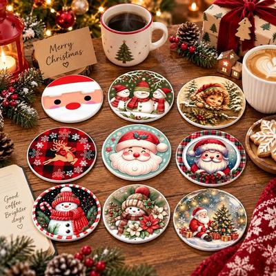Heat-Resistant Snowman Ceramics Reindeer Coffee Cup Mat Christmas Santa Coasters  Family Gathering