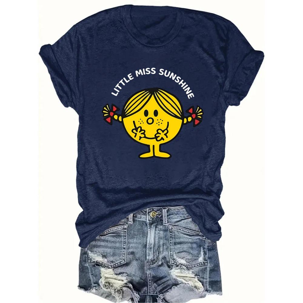 Little Miss Sunshine Cartoon Mädchen Grafikdruck Damen T-Shirt Kurzarm Rundhalsausschnitt Sommer Lässige Oberteile für Damen Kleidung