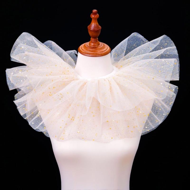Victorian Sparkling Dots Layered Mesh Tulle Detachable Neck Ruff Ruffled Faux Collar Shawl for Halloween Clown Choker