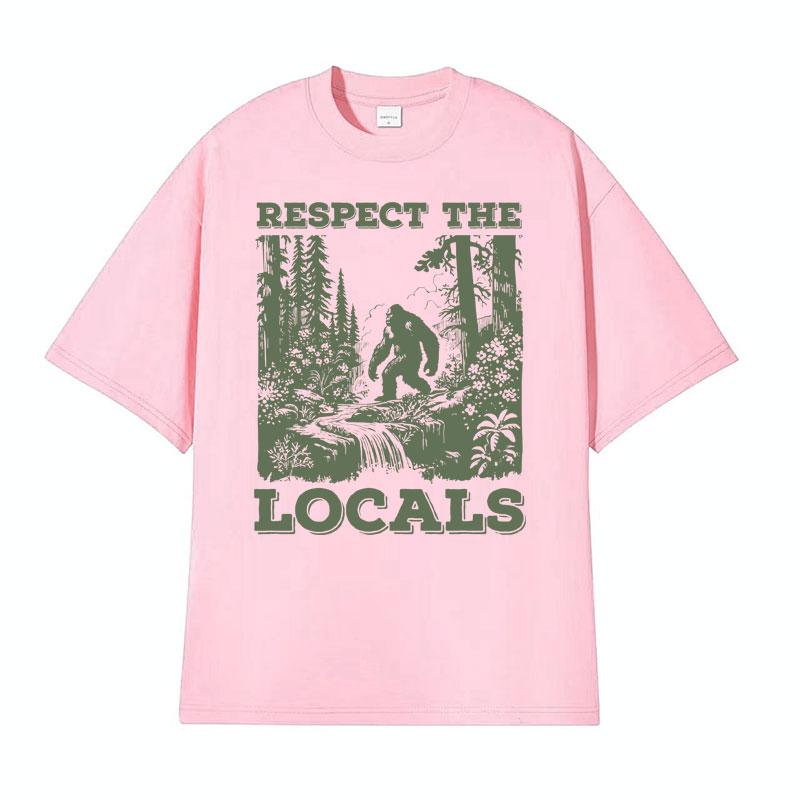 Respect The Locals Big Foot Sasquatch Yeti Walking in The Forest Vintage T Shirt Men Women Casual Funny Y2k Meme Graphic Tshirt