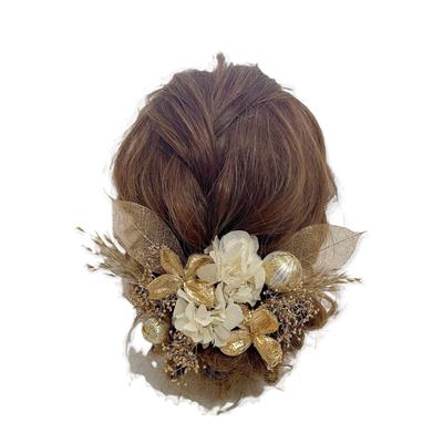 Dried Flower Headpiece, White and Gold, Ball-shaped Hair Ornament, Japanese Style Hair Accessory, for Coming-of-Age Ceremony, Graduation Ceremony,