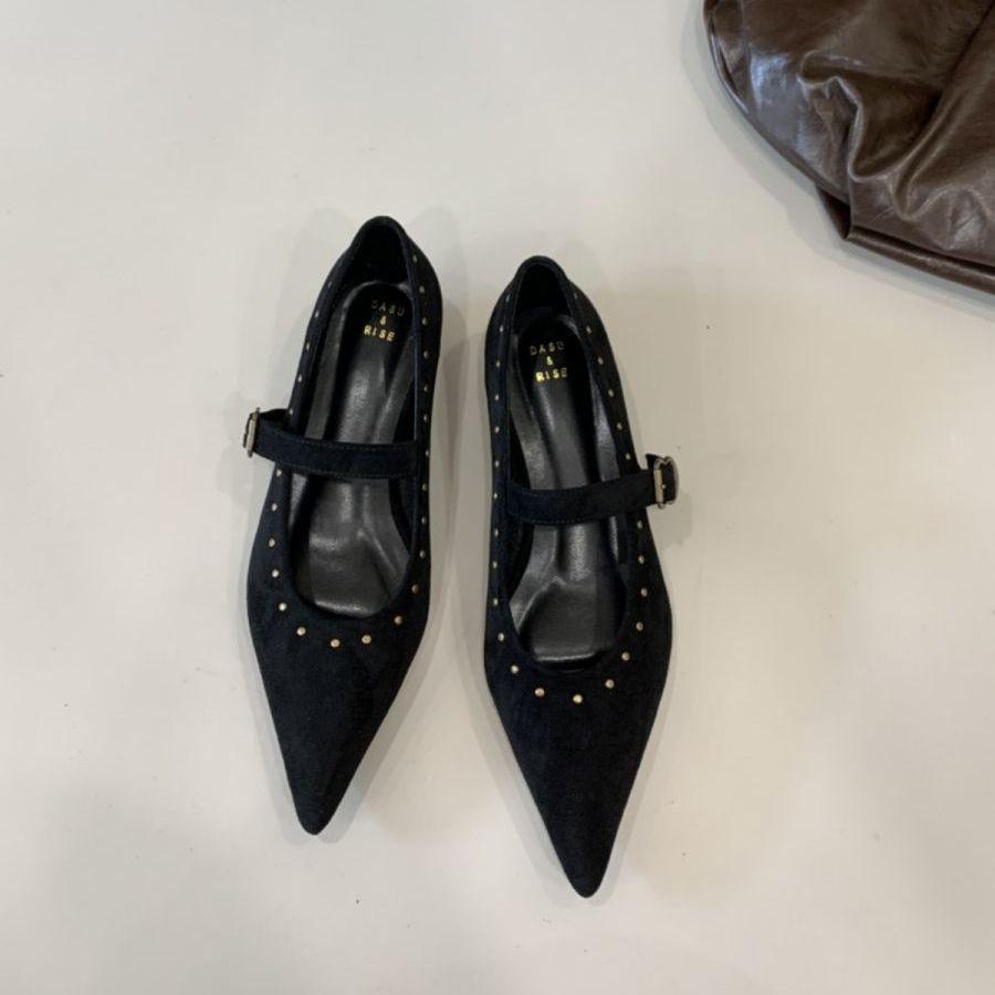 French Beautiful Rivet One-word Buckle with Flat Heel Shallow Mouth Single Shoes Autumn Late Evening Temperament Elegant Mary Jane Shoes
