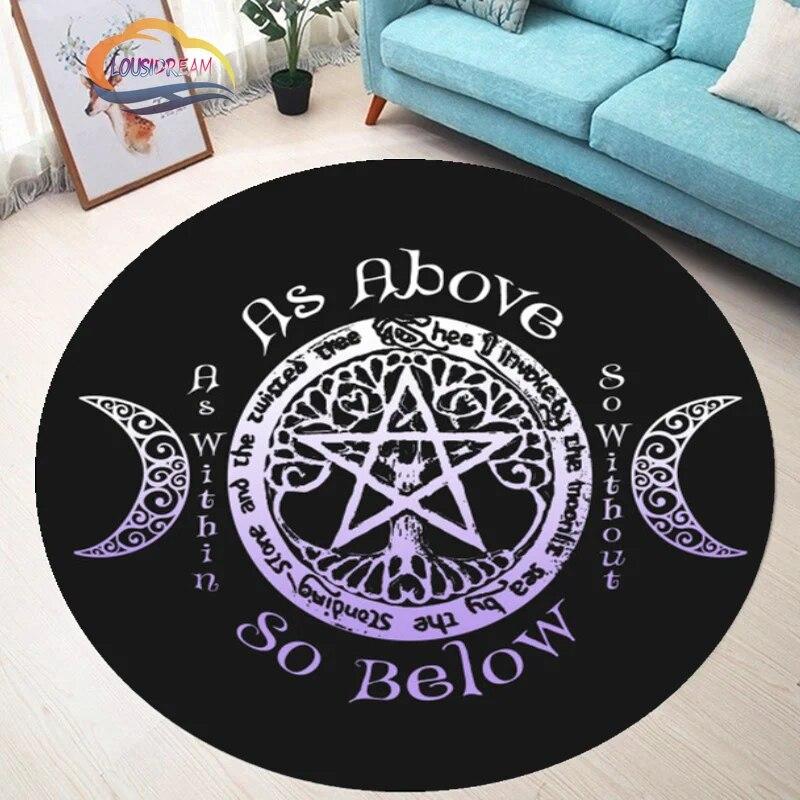 Pentagram Carpet Moon Satanic Round Rug Skull &  , Wicca  White  On Black  Goth Home Decor Chair Mats