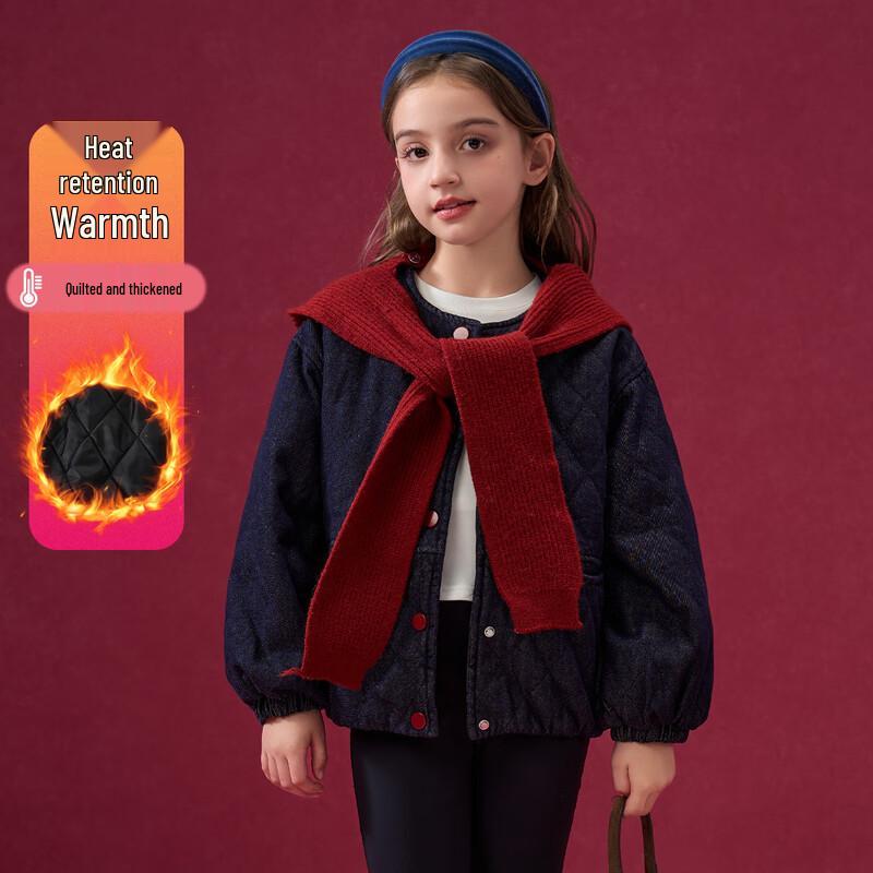 Mengtejiao Girls  Diamond Quilted Denim Winter Jacket with Detachable Hood 130