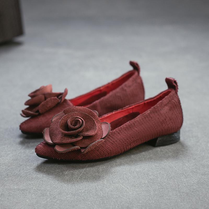 Johnature Genuine Leather Flower Low Heeled Shoes Retro Lightweight And Comfortable Women's Slip-on Shoes