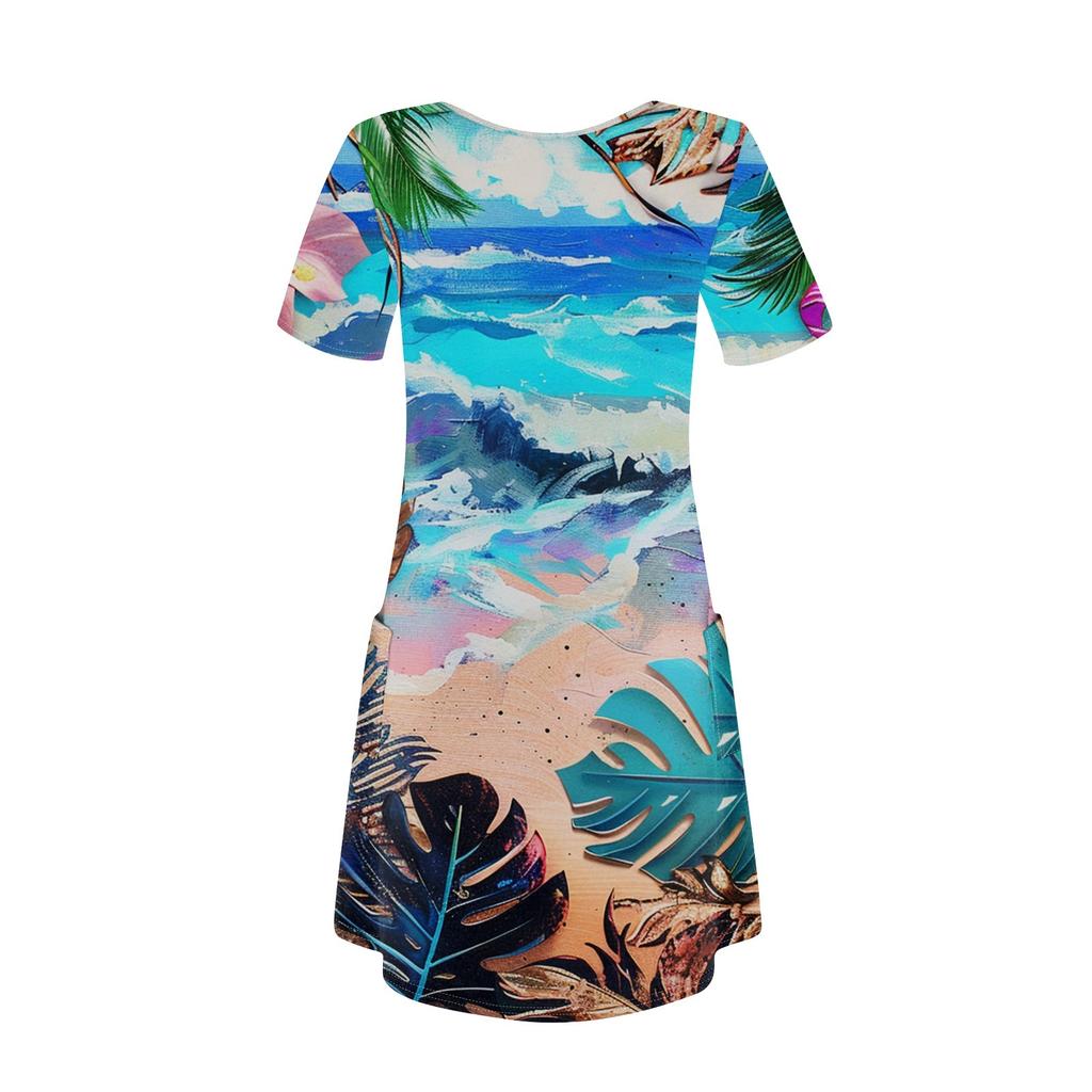 Women's Casual Fashion V-Neck Short Sleeve Hawaiian Print Pocket Dress