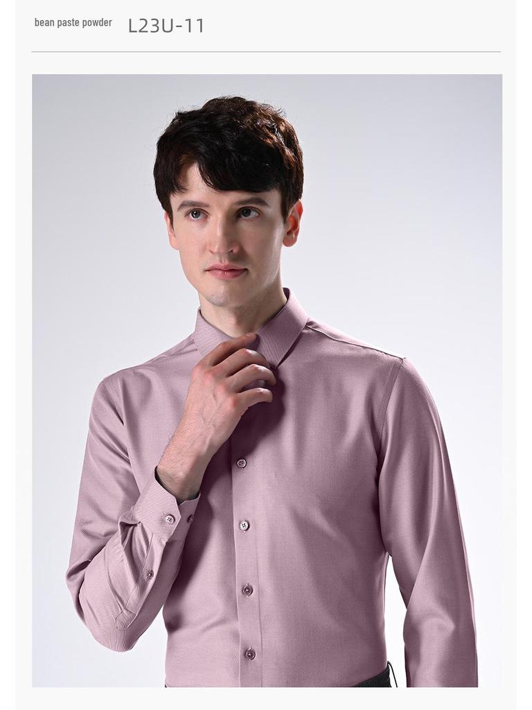 Men's Slim Fit Long Sleeve Modal Tencel Wool Shirt - Iron-Free, Machine Washable, Solid Color, Business Attire.