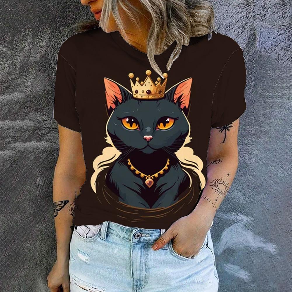 Women's High Quality T-shirt Cartoon Cat Pattern Print T-shirt Fashion Print T-shirt Elegant Women's Short Sleeved T-shirt