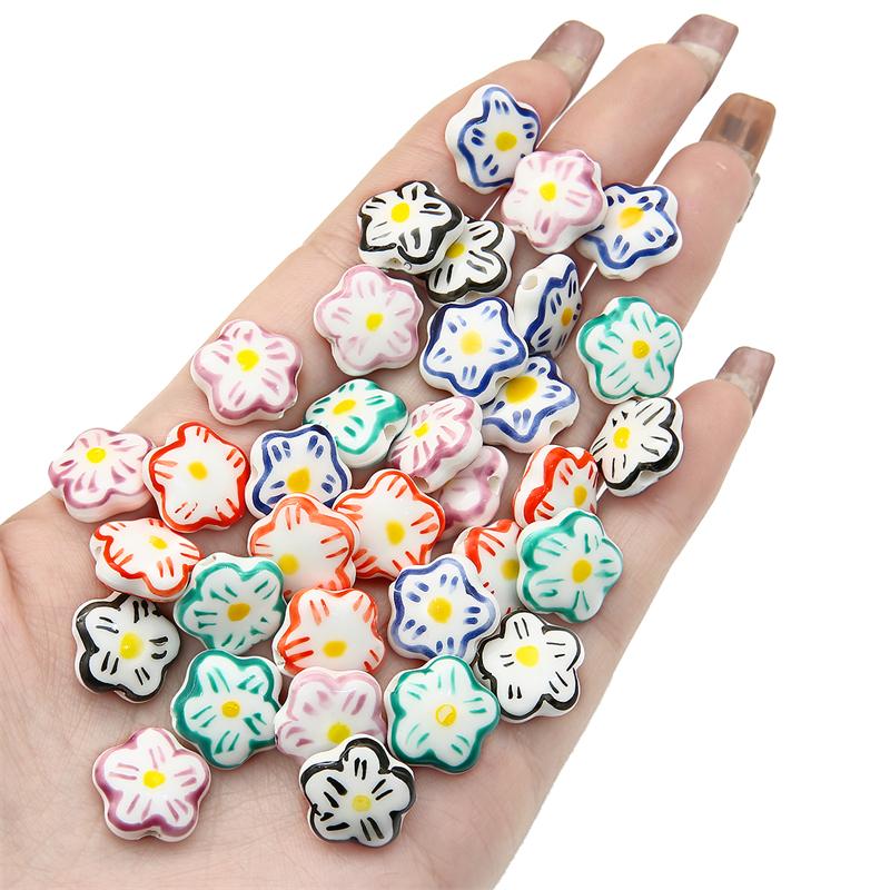 2 Stück/Beutel, handbemalt, 15 mm, Keramik-Porzellan-Blumenperlen, Charm, lose Distanzperlen für Halskette, Ohrringe, DIY-Schmuck, Basteln