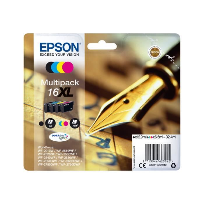 Epson 16XL Multipack Pack de 4 XL noir, jaune, cyan, magenta originale blister cartouche d'encre pour WorkForce WF-2010, 2510,…