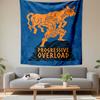 A muscular figure lifts an orange bull above "Progressive Overload" text. Patterned tapestry for bedroom and living room home decor