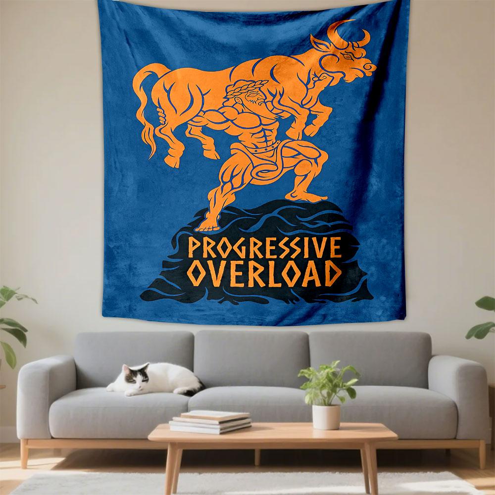 A muscular figure lifts an orange bull above "Progressive Overload" text. Patterned tapestry for bedroom and living room home decor
