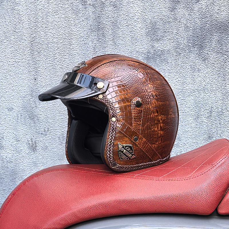 Retro Motorcycle Helmet PU Leather Open 3/4 Chopper Bicycle Helmet CapacetDOT Certification