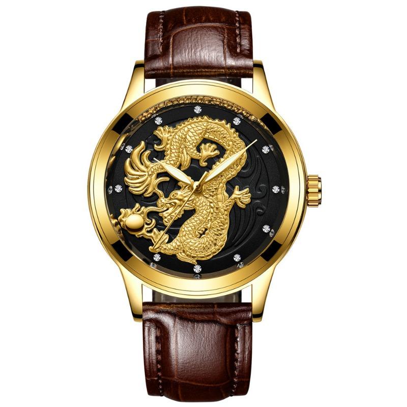 Top Brand Watch Men's Non-mechanical Watch Waterproof Luminous Gold Color Quartz Ultra-thin Steel Strap Dragon and Phoenix Couple Watch