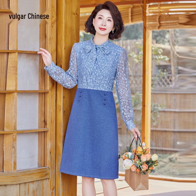 Elegant Women s Floral Lace Long-Sleeve A-Line Dress 3XL
