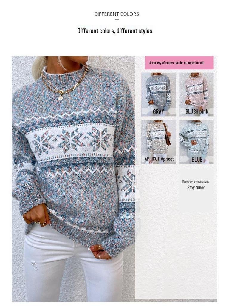 Women's Autumn/Winter Snowflake Pullover Sweater with Semi-High Neck