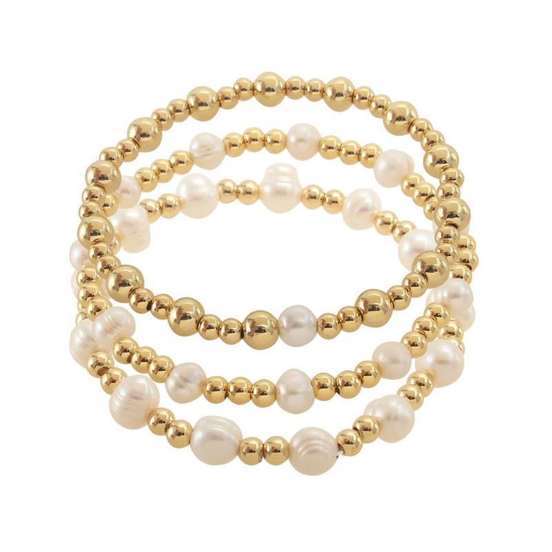 Meier Freshwater Pearl Gold-plated Copper Round Bead Bracelet - Luxury Fashion Stretch Layered Bracelet