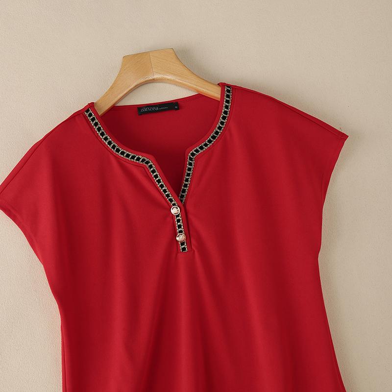 ZANZEA Women Splice V-Neck Loose Casual Short Sleeve Blouse