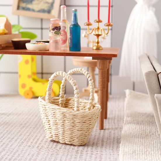 Yousheng 1:Dukkehuskurv i skala 12 Mini flettet kurv med håndtak Mikroscene Vevd oppbevaringskurv med blondekant for dukkehustilbehør