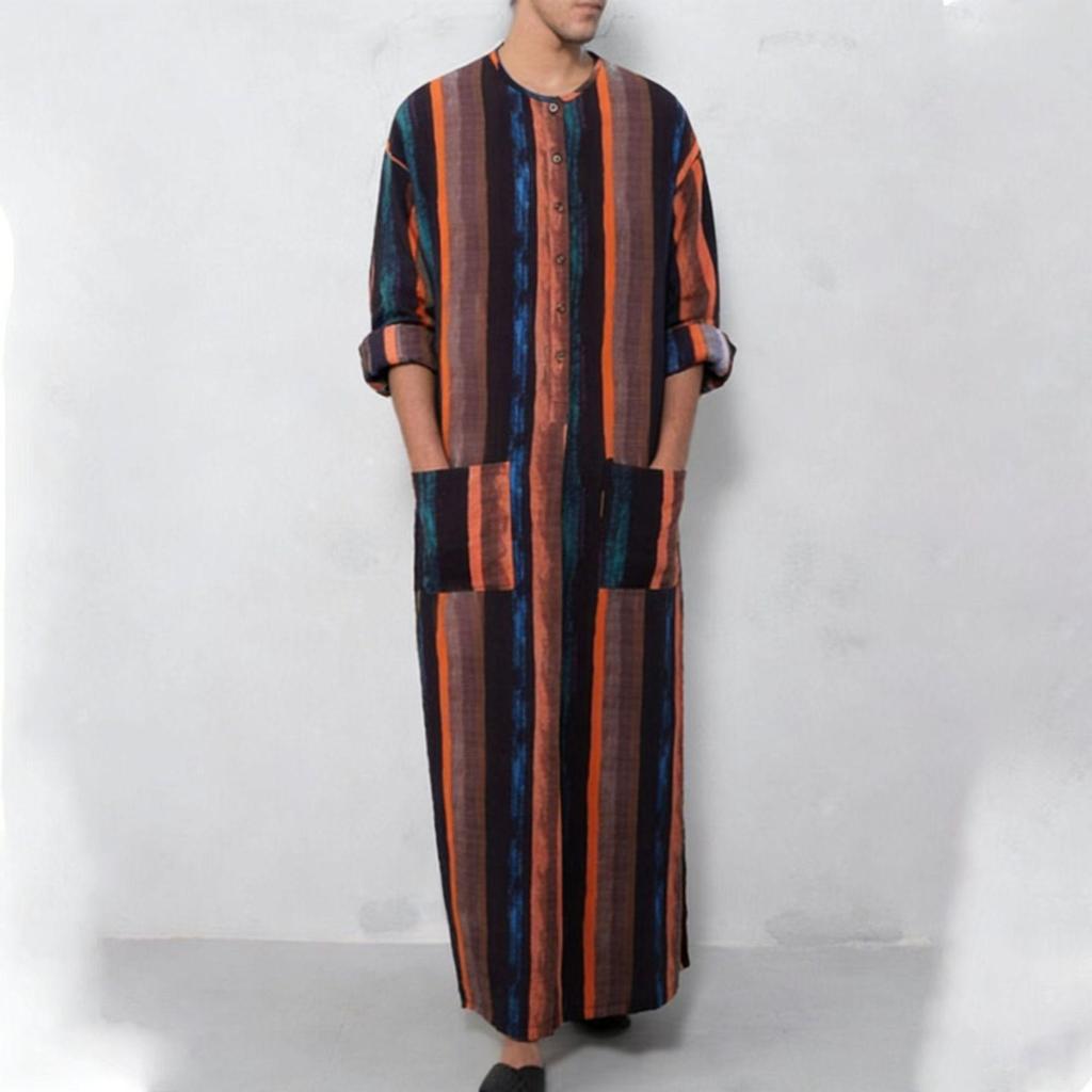 Southeast Asia Gradient Stripe Stand Collar Long Sleeve Muslim Robe for Men
