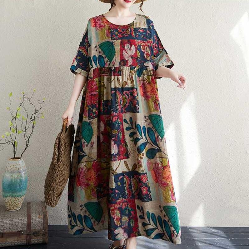 Thin Cotton and Linen Round Neck Short Sleeved Retro Long Skirt for Long Women