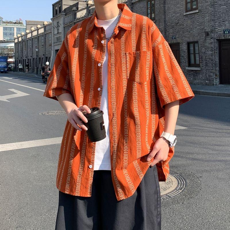 

Полосатая футболка с коротким рукавом Мужская Летняя Ледяной шелк Свободная Гавайский цветок Свободный Универсальный Кардиган XL оранжевый