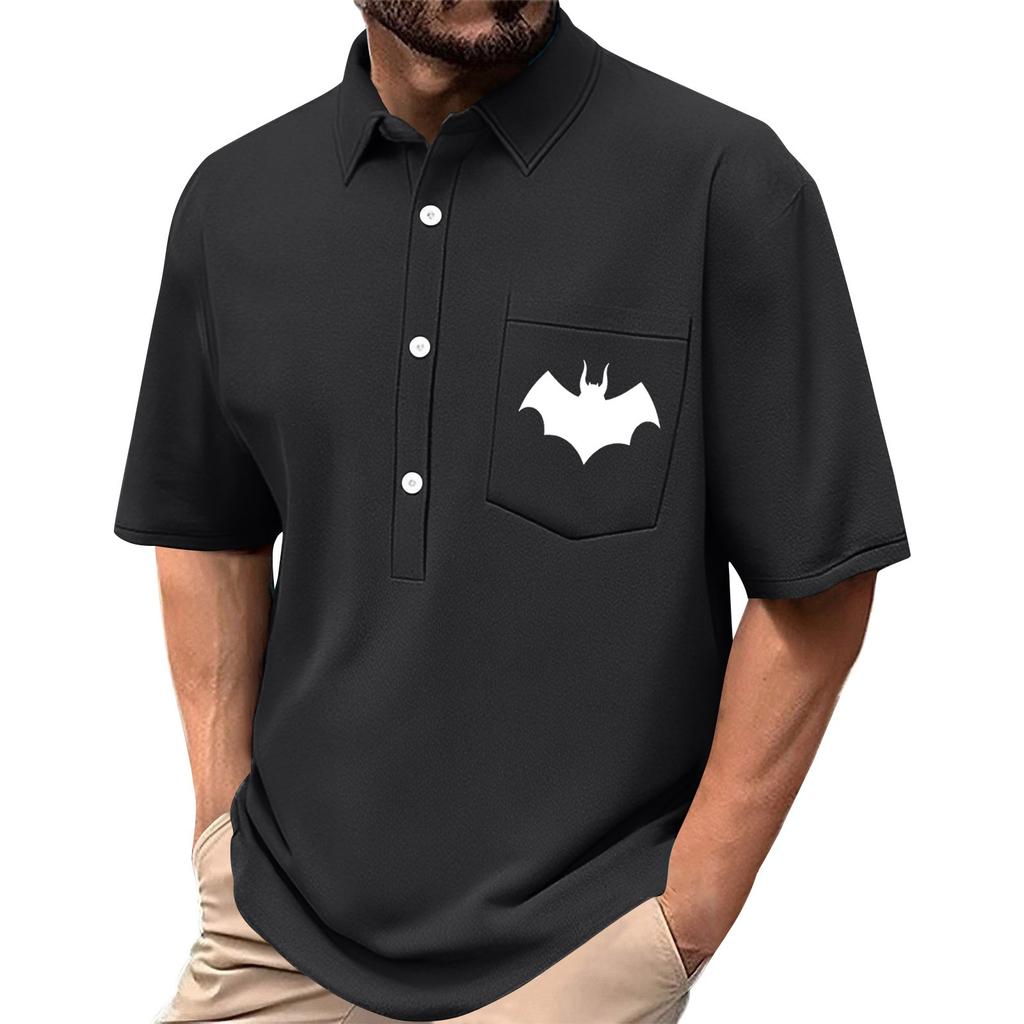 Men's Summer Solid Color Print Four-sided Stretch Lapel Button Pocket Shirt Casual Sports Short-sleeved Top