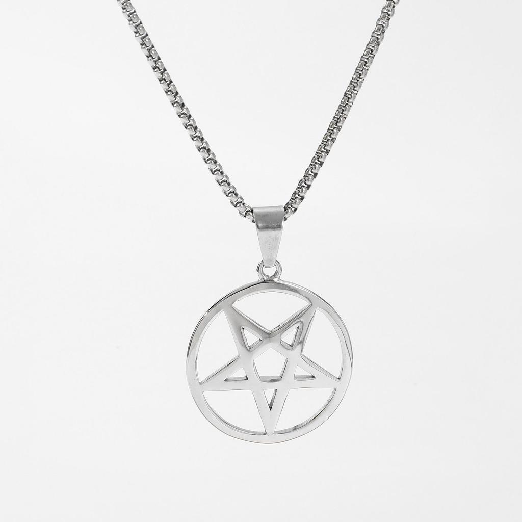 Men's Inverted Pentagram Long Dark Choker Necklace, Silver Stainless Steel