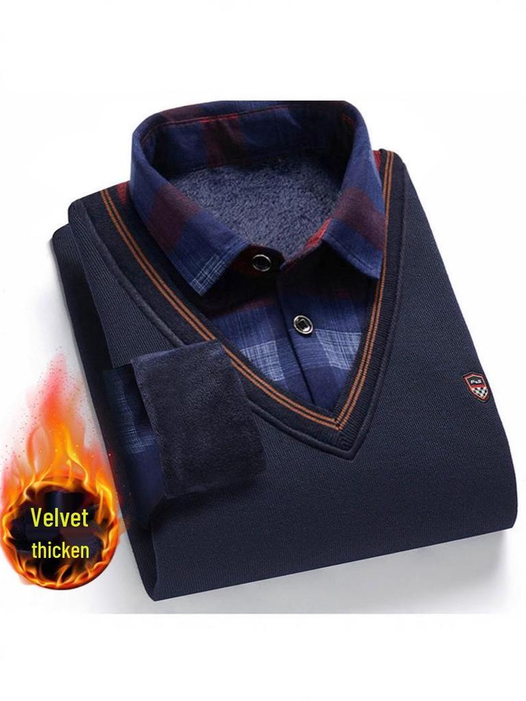 Middle-aged Men's Warm Knitted Sweater - Fake Two-Piece, Plus Velvet, Thick Long Sleeve Winter Outfit for Dad