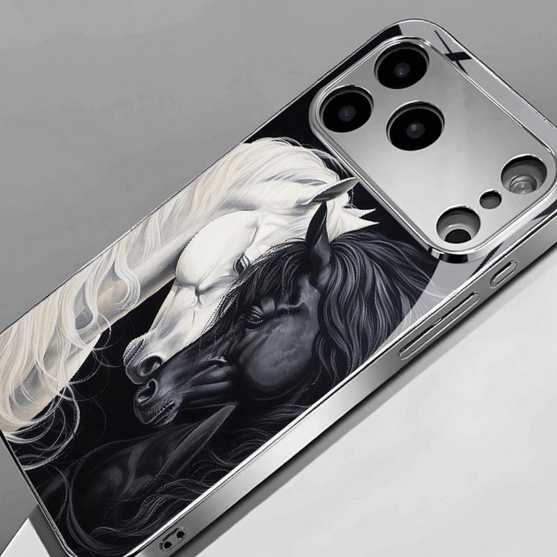 Black White Horse Pattern Tempered Glass Electroplated Phone Case For iPhone 17 16 15 14 13 12 11 Pro Max 16 Plus 17 Air Cover