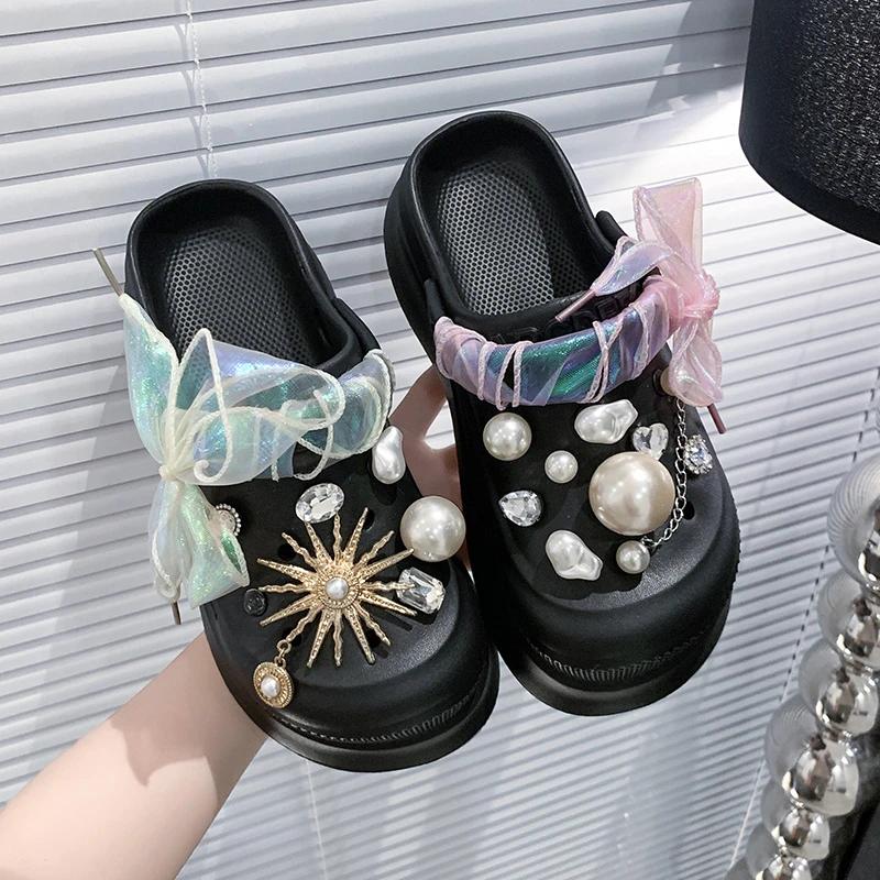 

Fashion Pearl Decor Women s Diy Clogs Sandals Summer 2025 Wedge Platform Sandals Woman Fashion Ribbon Thick Sole Garden Shoes Women 40-41 чёрный