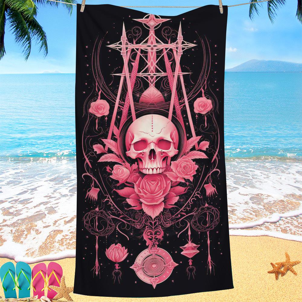 Pink Skull Collection Digital-printed Polyester Superfine Fiber Double-sided Fleece Beach Vacation Bath Towel, Beach Towel