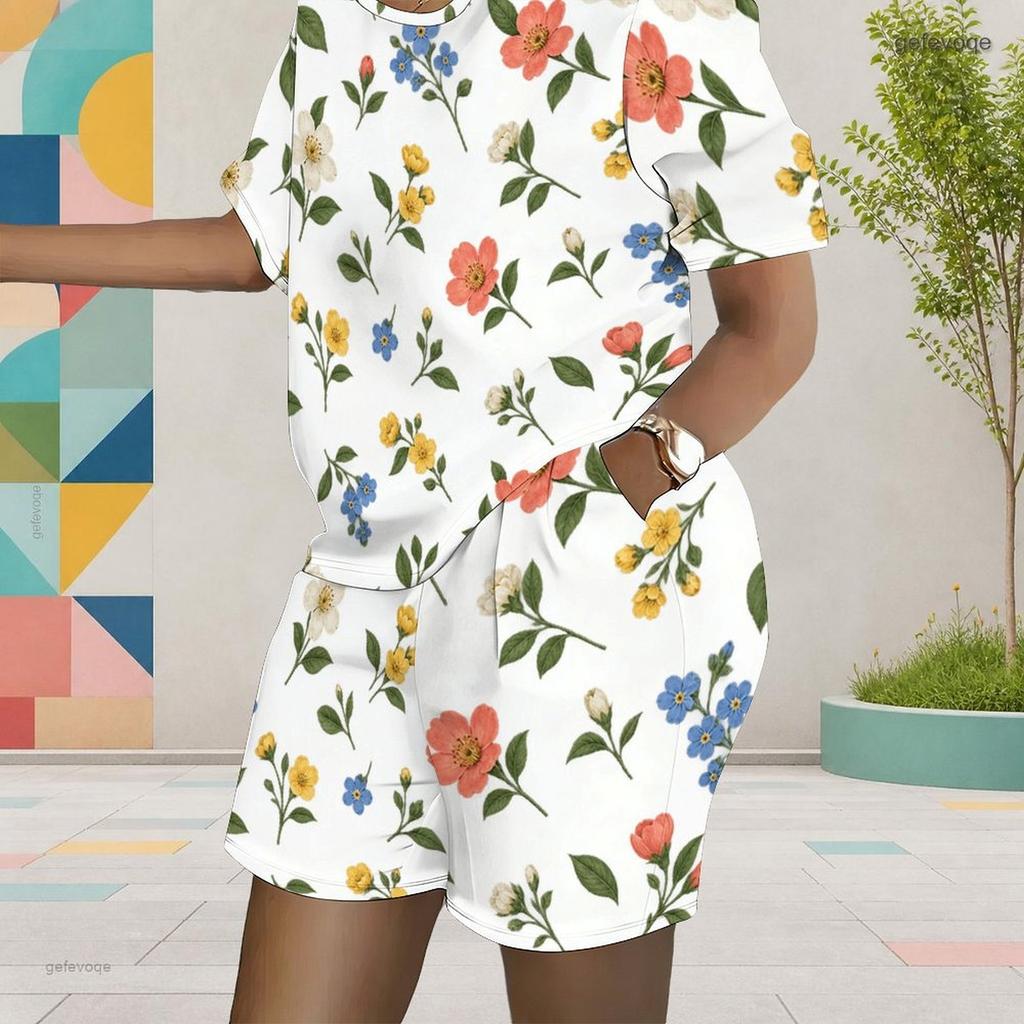 Women Plus Size White Printed Round Neck Short Sleeve Top Pocket Shorts Two Piece Set