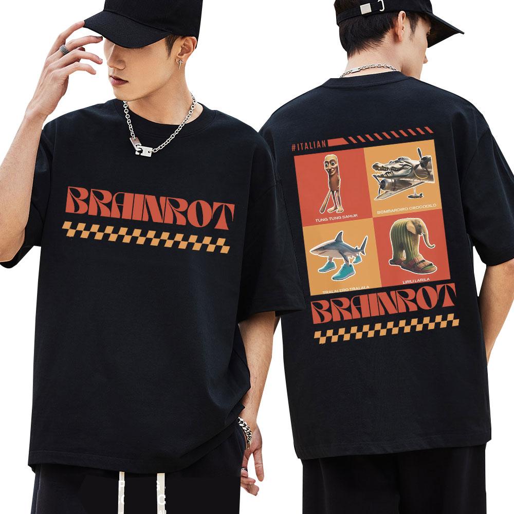 Italienisches Brainrot T-Shirt Tralalero Tralala Tung Tung Tung Sahur Bombardiro Krokodil Lirili Larila Lustiges Oversize Baumwoll-T-Shirt