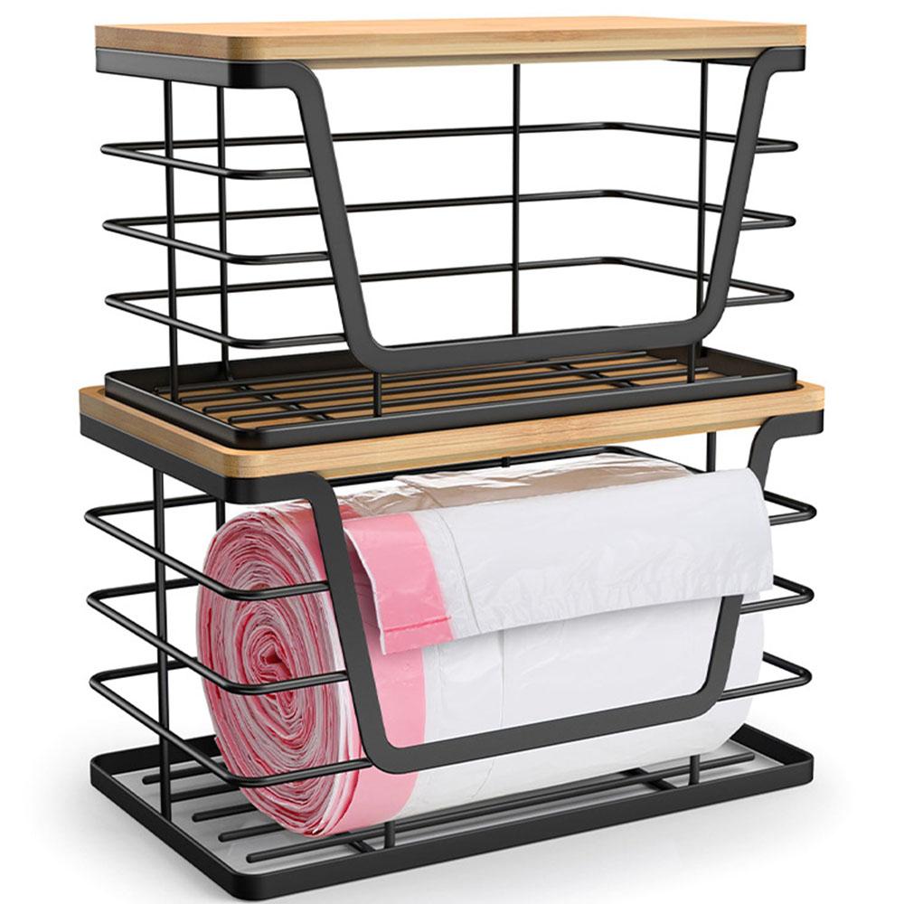 

2Pcs/Set Stackable Kitchen Countertop Organizer Garbage Bag Dispenser with Bamboo Top Wall Mounted Fruit Vegetable Basket