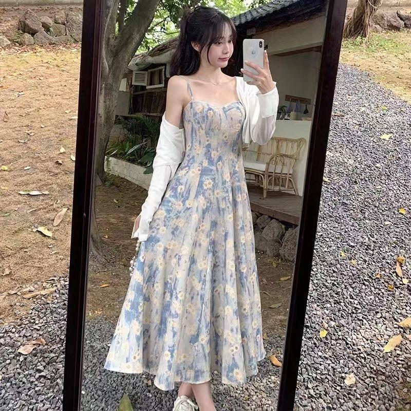 French blue oil painting long dress seaside vacation beach dress floral suspender dress women's spring high-end women's clothing