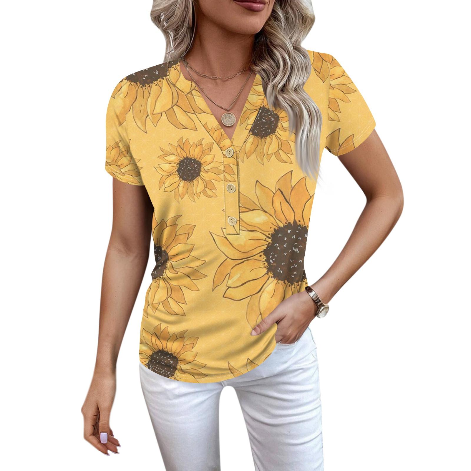 

Женская новая футболка с v-образным вырезом на пуговицах и модным принтом с коротким рукавом и ретро-принтом, повседневные топы, футболки большого размера L