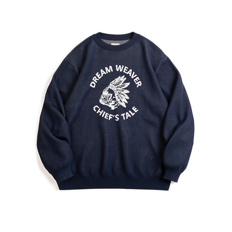 

Madden Parka American Retro Linen-like Letters Contrast Color Sweater Amekaji Pullover round Neck Knitwear Men s Autumn Navy Blue XL