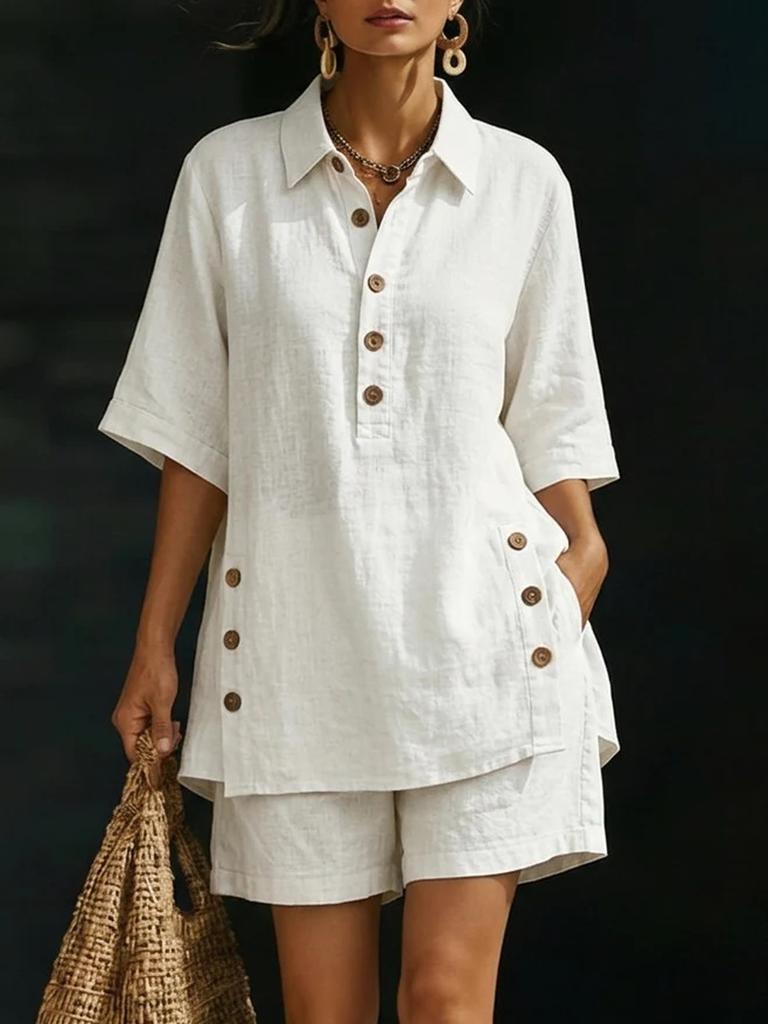 Nuovo Set Estivo da Donna in Lino Camicia e Pantaloncini Casual Comodo Ampio Bottoni Outfit Estivo