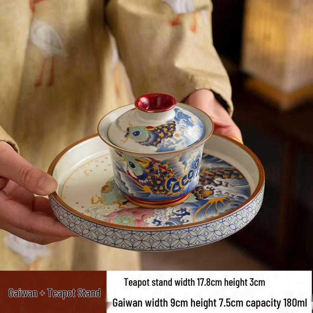 Blue and White Porcelain Lotus Kung Fu Tea Set: Enamel Teacup, Hovering Lid, Teapot, Saucer, and Master Cup.