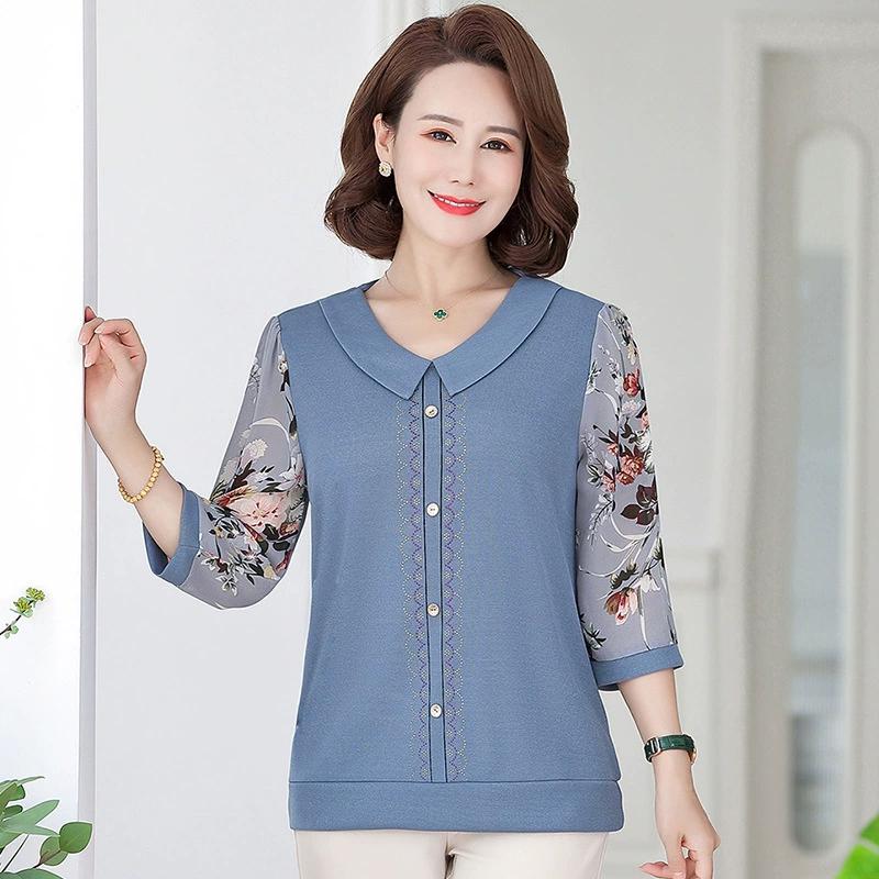 

Сорочка з відворотом для мами Середнього віку Жіноча темпераментний принт Шифоновий топ з рукавами Весна В’язана футболка 5XL M синій