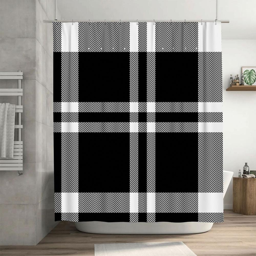 Klassisches Karos Duschvorhang-Set: Wasserdichter Stoff Badezimmerteppich Dekoration in Schwarz Weiß 3D-Druck Wasserdichte Heimtextilien Zubehör (