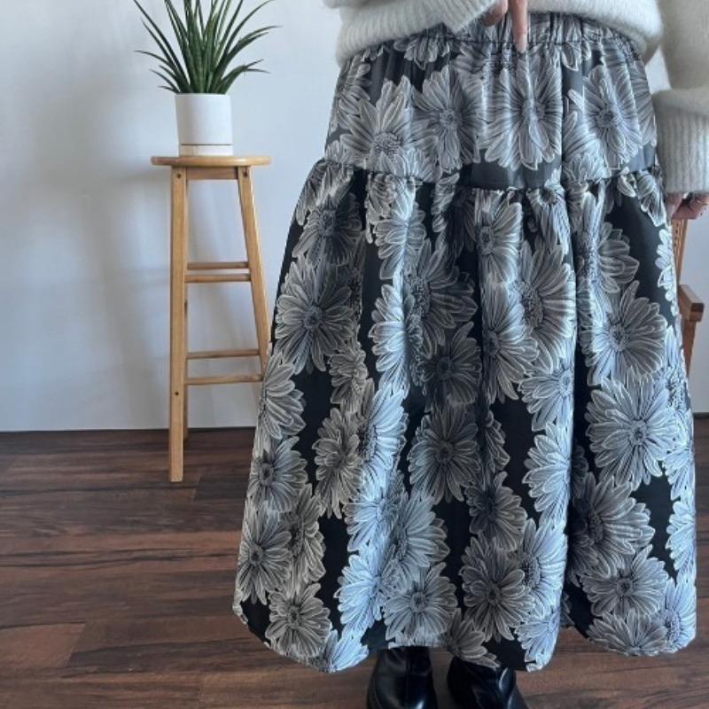 Korean Fashion Autumn Winter Women Jacquard Skirt High Waist Floral Ball Gown Skirt Elegant Feminine Chic Midi Skirts Womens