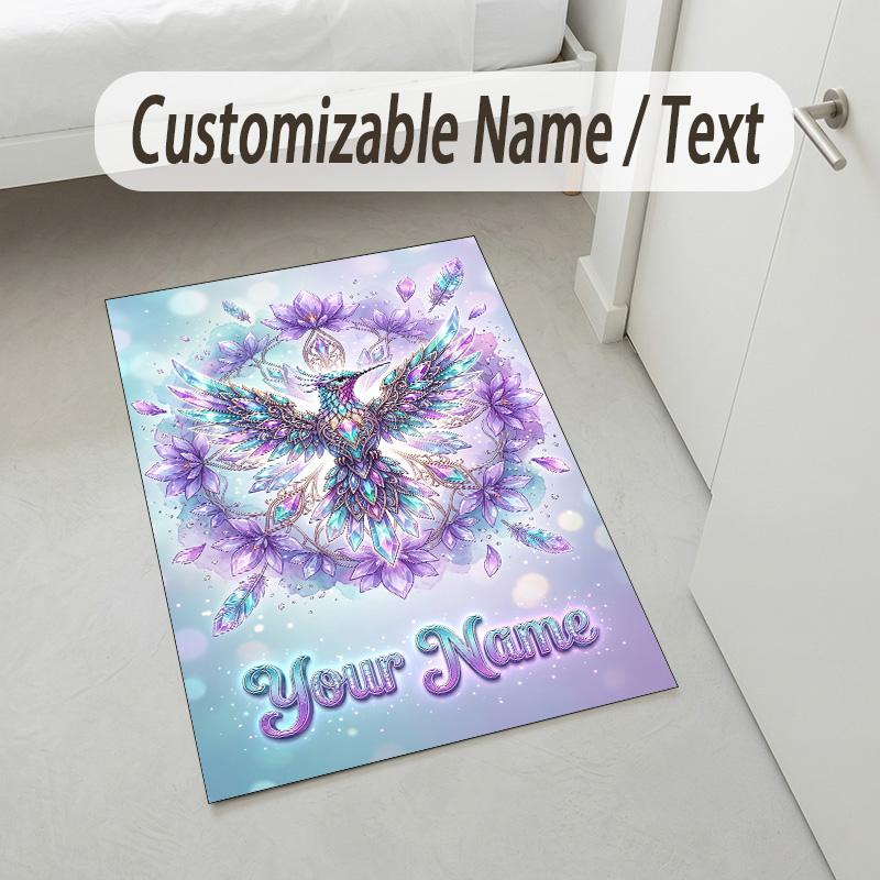 Dragon Phoenix Theme Crystal Velvet Rug Personalized Custom Name Text Soft Floor Mat Home Decor